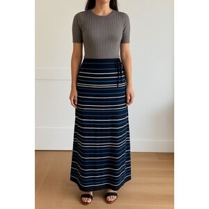 White House Black Market XXS Maxi Skirt Striped Black Blue Tie Waist